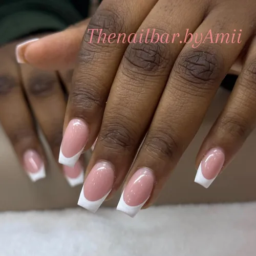 Hand-drawn french tip nails by The Nail Bar, Farnworth, Bolton