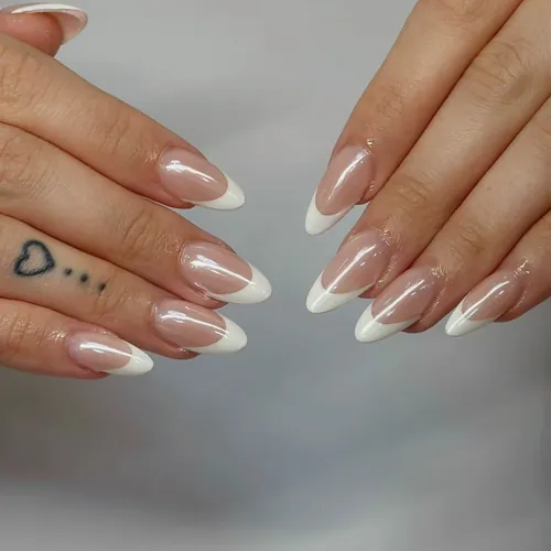 Hand-drawn french tip nails by The Nail Bar, Farnworth, Bolton