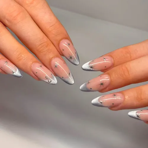 Hand-drawn french tip nails by The Nail Bar, Farnworth, Bolton