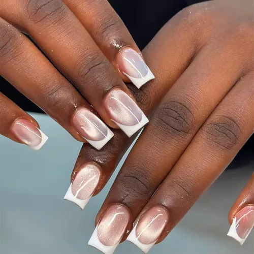 Hand-drawn french tip nails by The Nail Bar, Farnworth, Bolton