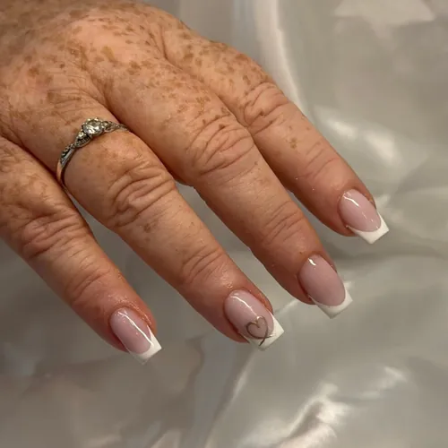Hand-drawn french tip nails by The Nail Bar, Farnworth, Bolton