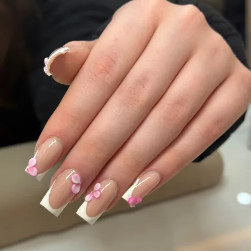 Hand-drawn french tip nails by The Nail Bar, Farnworth, Bolton