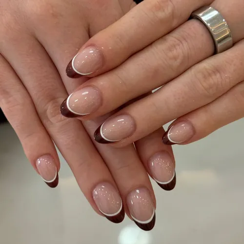 Hand-drawn french tip nails by The Nail Bar, Farnworth, Bolton