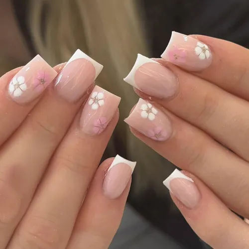 Hand-drawn french tip nails by The Nail Bar, Farnworth, Bolton
