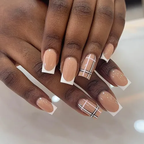 Hand-drawn french tip nails by The Nail Bar, Farnworth, Bolton
