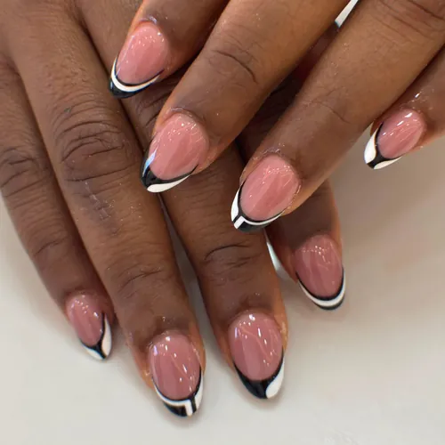 Hand-drawn french tip nails by The Nail Bar, Farnworth, Bolton