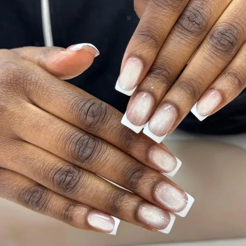 Hand-drawn french tip nails by The Nail Bar, Farnworth, Bolton