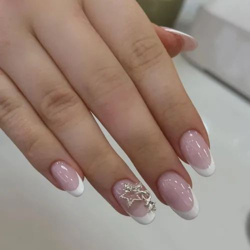 Hand-drawn french tip nails by The Nail Bar, Farnworth, Bolton