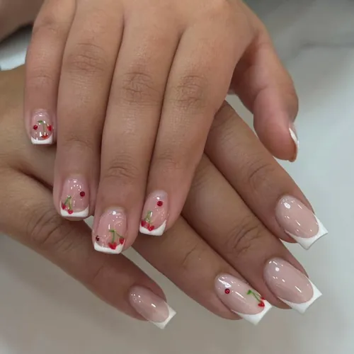 Hand-drawn french tip nails by The Nail Bar, Farnworth, Bolton
