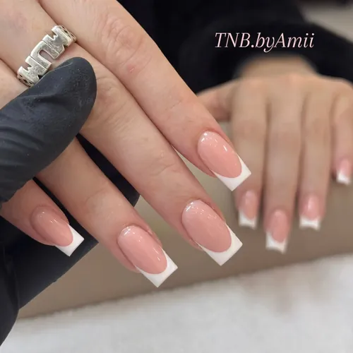 Hand-drawn french tip nails by The Nail Bar, Farnworth, Bolton